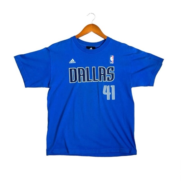 Adidas Blue/White Dallas Mavericks Dirk Nowitzki 41 Short Sleeve Retro T-Shirt - Picture 1 of 4